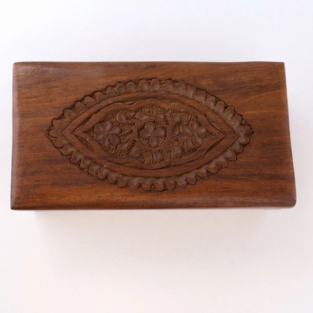 Vintage Hand Carved Wooden Trinket Box Floral Folk Art Jewelry Keepsake Box